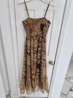 VTG 94% Silk Smocked Brown Print Maxi Dress - Women - M- L